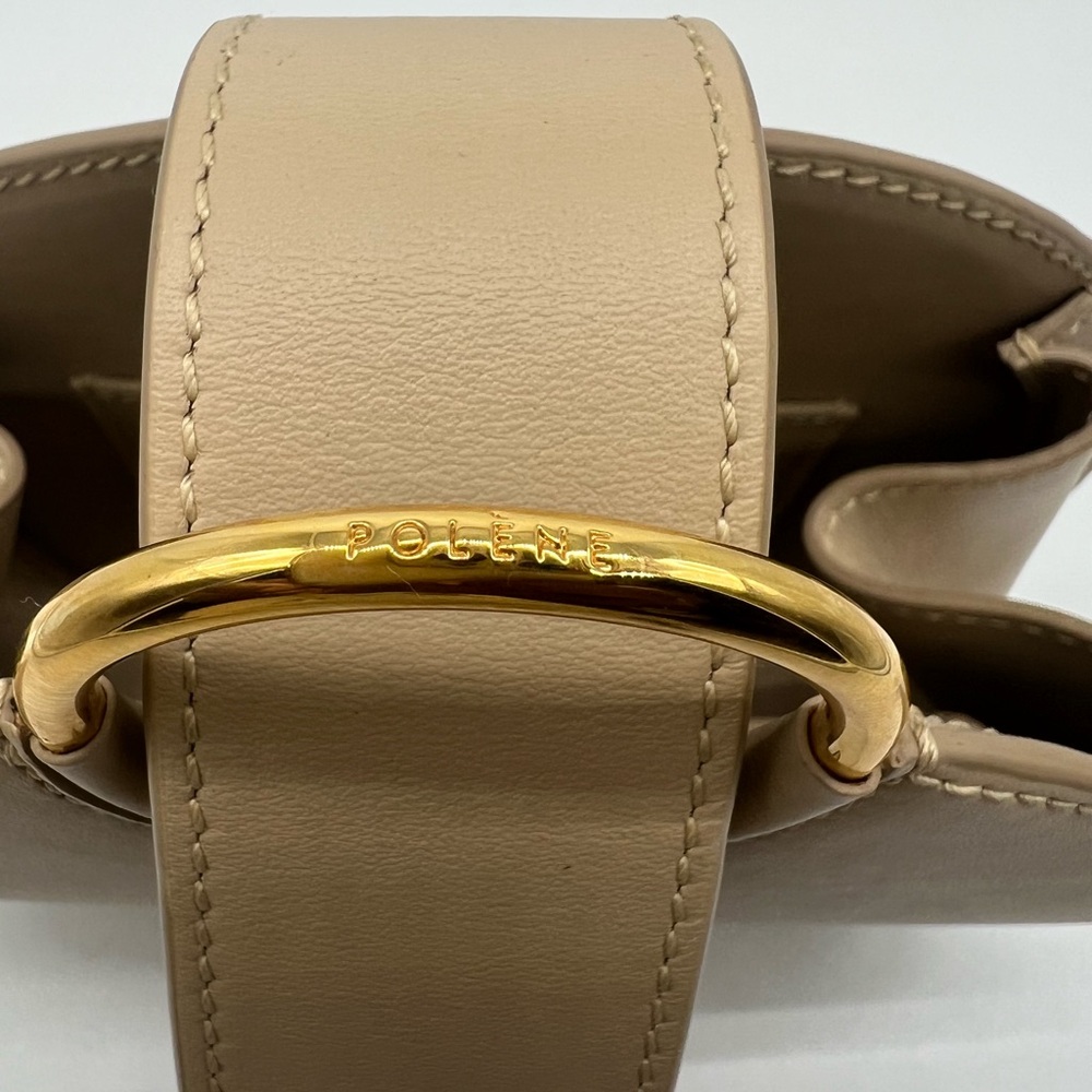 NEW POLÈNE Numero Six Sand Beige Leather Gold Hardware Round Clutch Wristlet - Picture 7 of 17